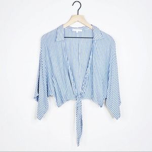 Olivaceous Lulus Blue White Striped Tie Front Plunging Neck Blouse Cover Up